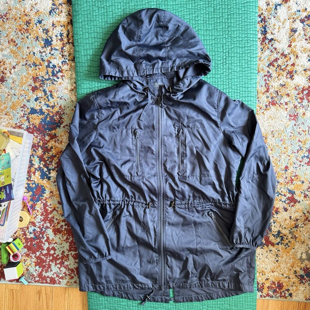 Lou & Grey Slate Blue Lightweight Utility Rain Zip Jacket Sz L Drawstring Waist